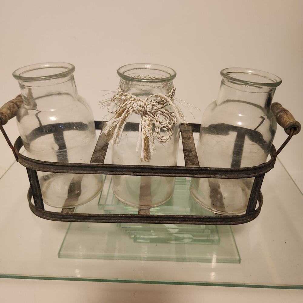 Cottage Farm House 3 milk Bottle with Metal Rack Organize Propagate